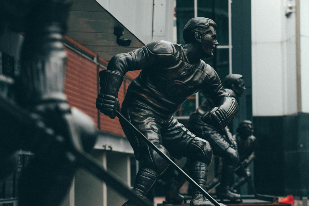Hockey team statues outside Centre Bell stadium in Montreal Canada