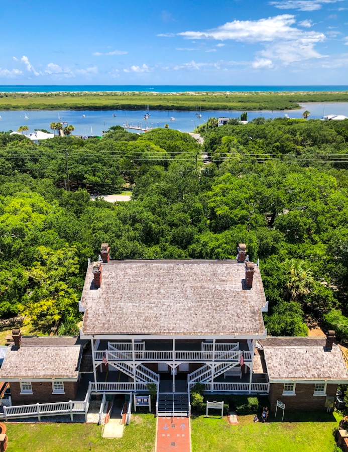 aerial view from the St. Augustine Lighthouse down towards the museum, intracoastal, and ocean at the St Augustine Lighthouse Museum in St Augustine Florida