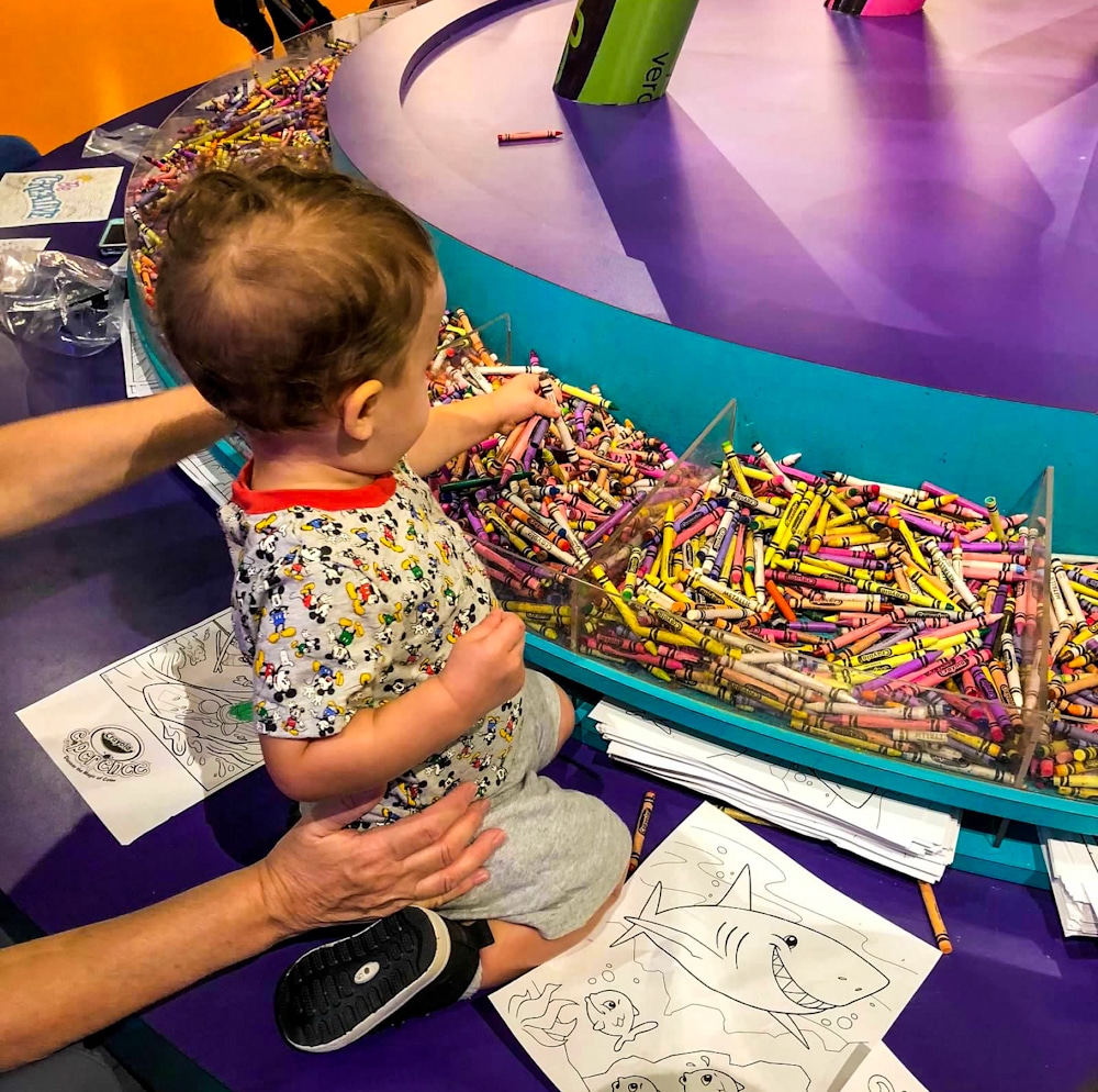 toddler boy choosing crayons from a large crayon selection