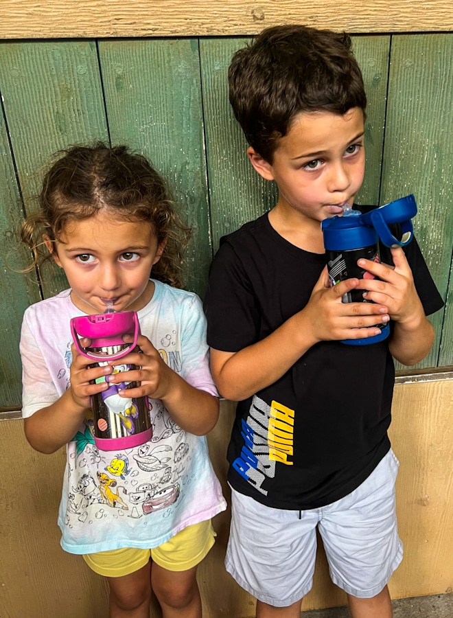 the kids drinking from their Thermos stainless steel water bottles