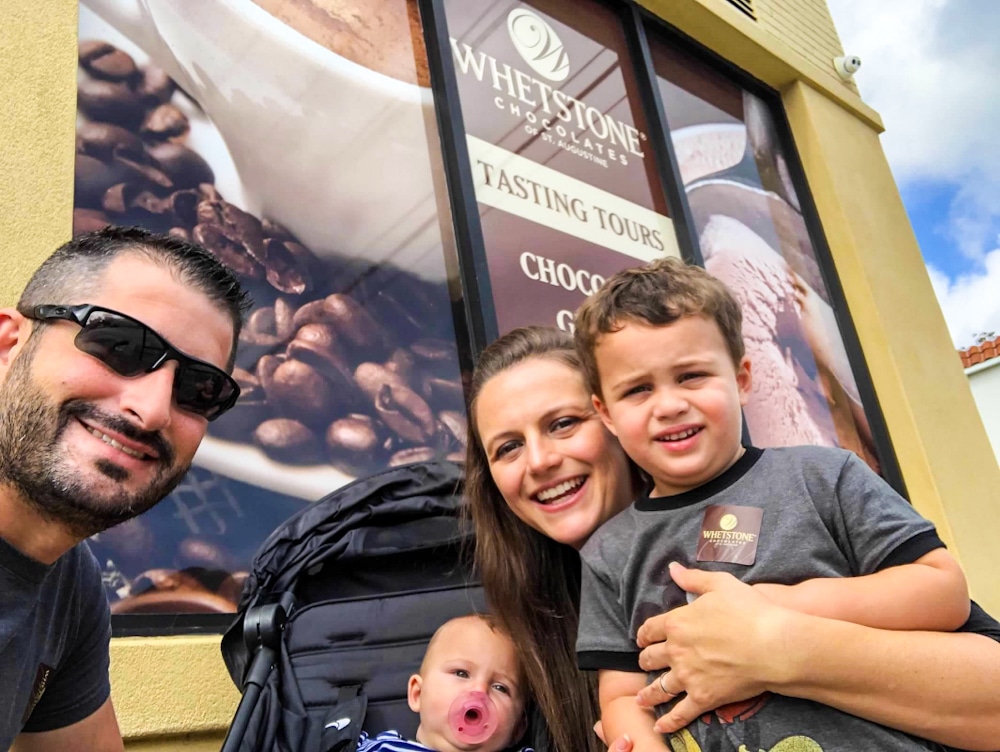 family in front of Whetstone's Chocolate Factory in St. Augustine Florida